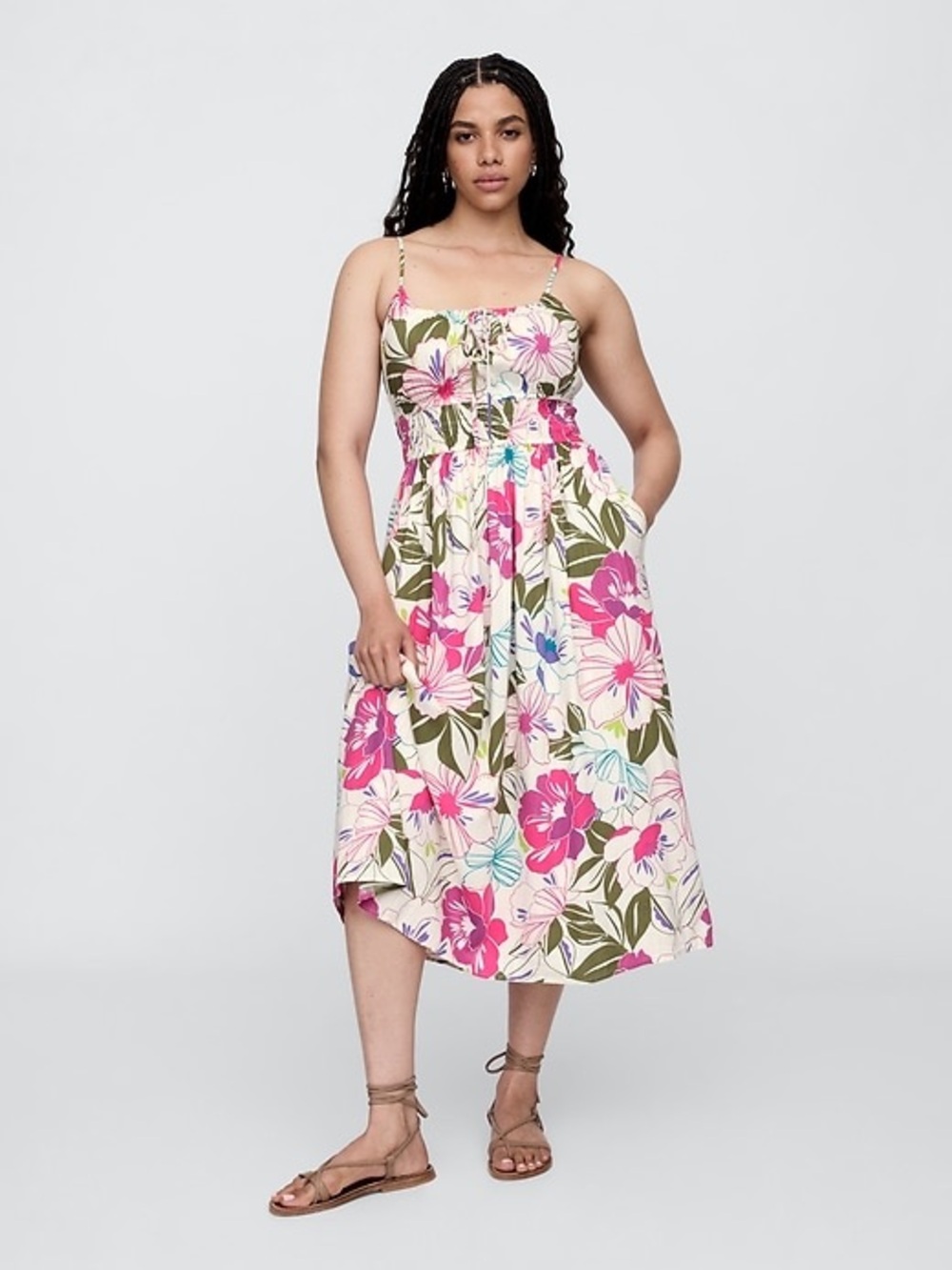Gap Floral Midi Sundress Women’s Size Medium Pink Green White Cotton Blend